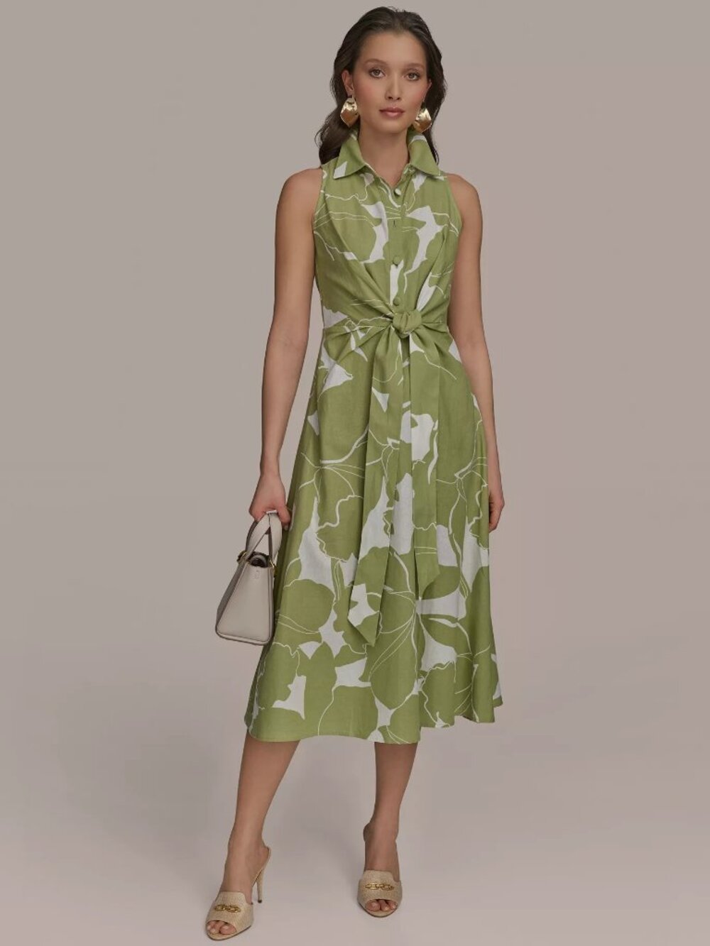 NEW DONNA KARAN Women’s Printed Linen Blend Shirt Dress Size 14 Green